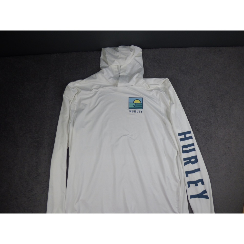 Hurley Mens XL White Long Sleeve Hooded Sun Shirt Graphic Wave Logo Rash Guard